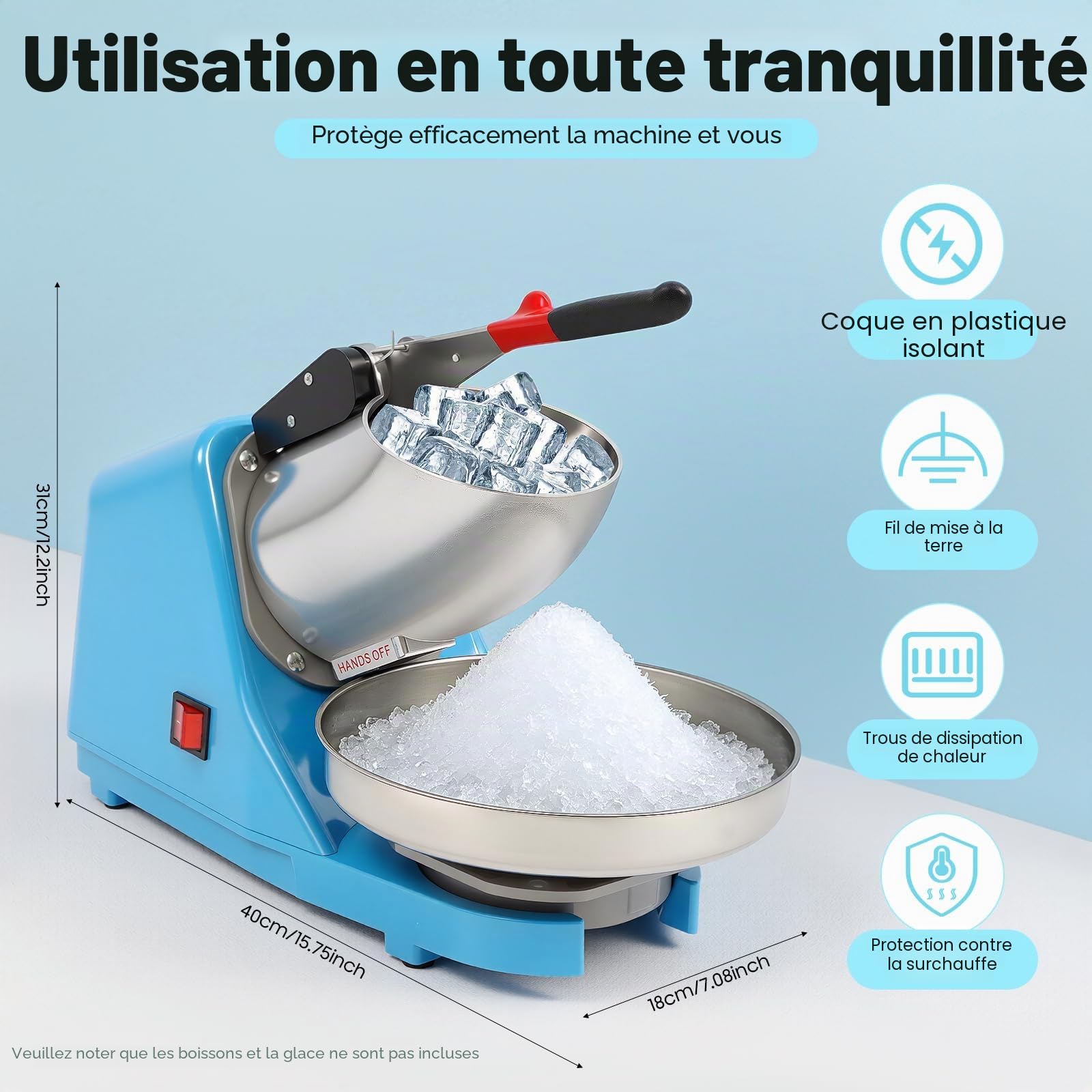 Broyeur à glace électrique, en acier inoxydable, capacité de glace pilée 65 kg/h, pour boissons froides, milkshakes, bleu