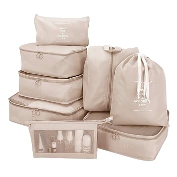 Packing Pouch Cubes Travel Organizer Clothes Space Savers Bags | Drawstring & Suitcase | Toiletry Large Travelling Luggage Bags for Cosmetics | Underwear | Socks & Shoes (Beige | 8Pcs)