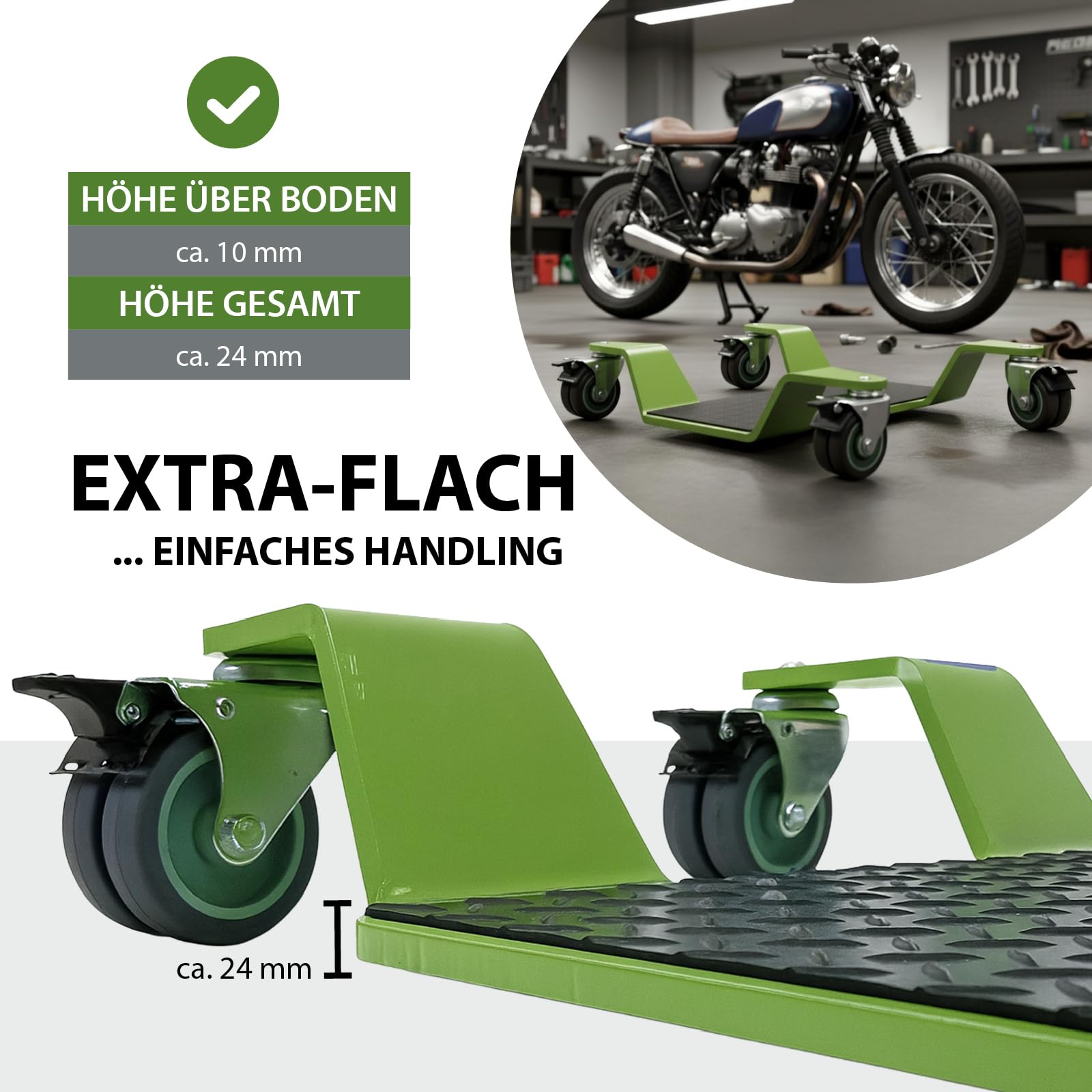 TRUTZHOLM Rangierhilfe für Motorrad mit Hauptständer Tragkraft 450 kg Rangierplatte extra-flach mit 4x Doppenrollen 360° schwenkbar und 4x Feststellbremse Rangierroller 10 mm dicker Stahl in grün
