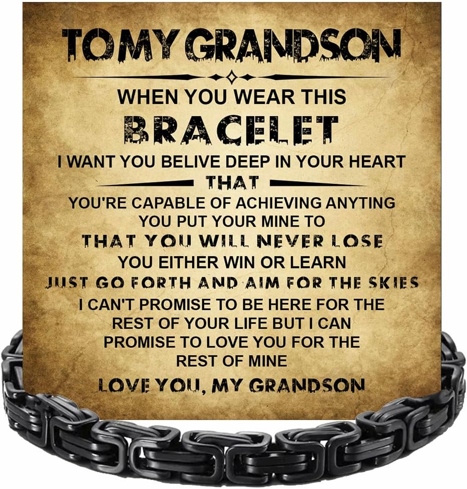 Grandson Bracelet Gift from Grandma and Grandpa, Black Link Bracelet For Grandson From Grandparents, Graduation Christmas Birthday Gifts With Message Card