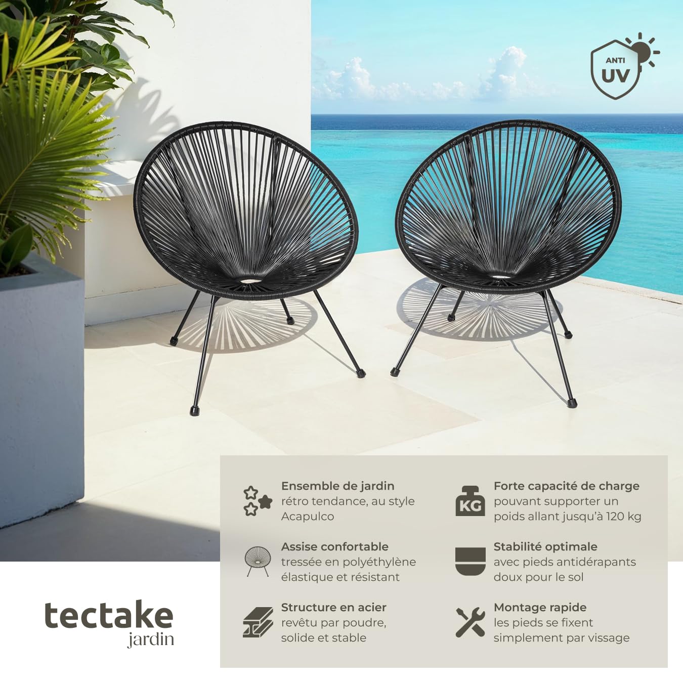 tectake® Lot de 2 Fauteuil de Jardin Acapulco pour Salon de Jardin Exterieur ou Intérieur, Structure en Acier époxy, Mobilier pour Amenagement Balcon Terrasse - Plusieurs Couleurs