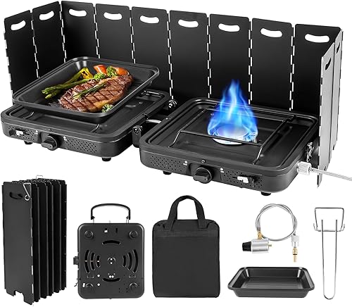 Estufa de campamento de propano de 2 quemadores, quemadores ajustables de 17200 BTU, estufa de campamento de propano plegable con parrilla y