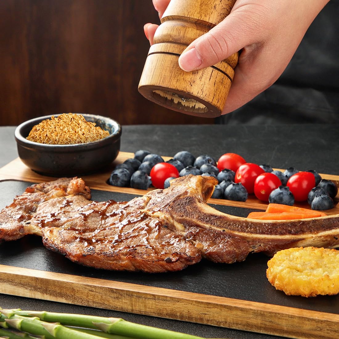 Placa de pizarra para servir carne, vajilla, placa de pizarra, de madera de acacia con 2 bandejas y compartimentos, plato de carne