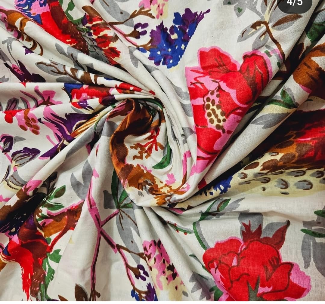 DEVVART Pure Cotton Unstitched Printed Fabric Material for Women Blouse/Plazzo,Kurti/Lehenga/Saree/Piece Material for Womens (White, 5 Meter)-image-46