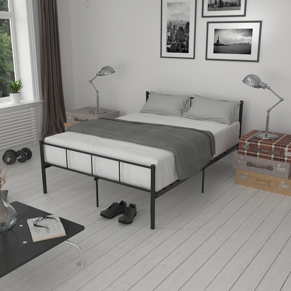 Panana4FT6 Metal Bed Frame Double Bedstead With 2 Headboards Bedroom Furniture Black