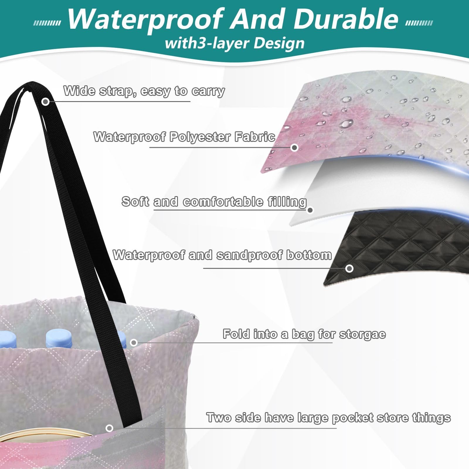Cesta de picnic impermeable con tinta rosa, blanca y gris, suave para exteriores, accesorios de picnic al aire libre, para picnic familiar, alfombra para Playa