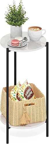 Furinno Besi - Mesa auxiliar redonda moderna de 2 niveles con patas de metal resistentes, 11.57 pulgadas de ancho x 8.16 pulgadas de alto x 4.36