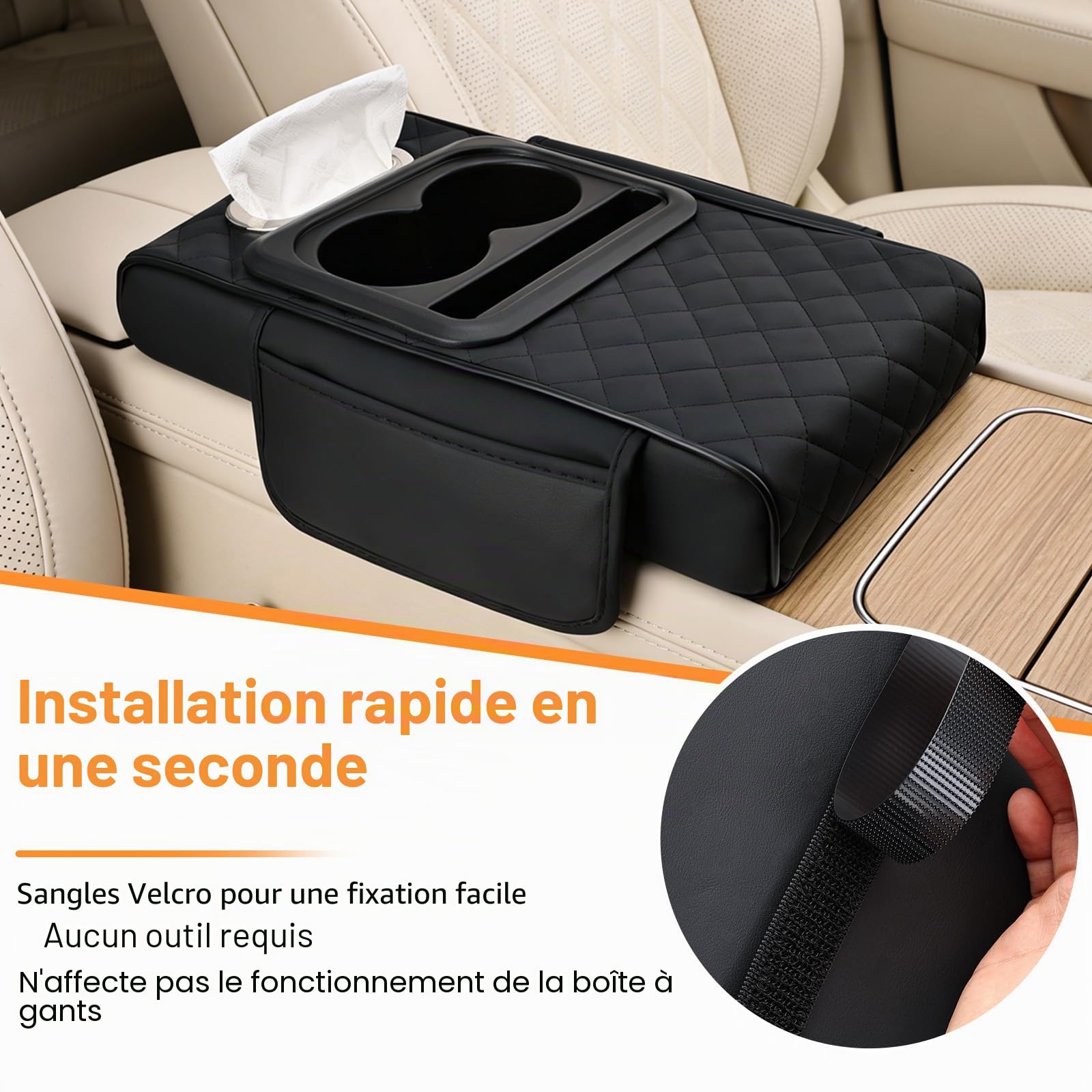 Coussin d’accoudoir de Voiture Universel Multifonction,Housse Console Centrale avec Poches et Porte-gobelet – rehausseur en Mousse mémoire,Cuir synthétique PU,pour Voitures,SUV,camions (Noir)