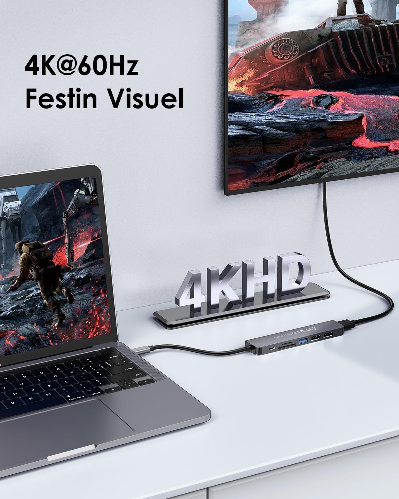 LENTION Hub USB C avec Charge PD 100W, HDMI 4K@60Hz, Lecteur de Carte SD/TF, USB 3.0, Adaptateur USB C Compatible 2026-2016 MacBook Pro/Mac Air, iPad, iPhone 17/16/15, Plus d'appareils de Type C(Gris)