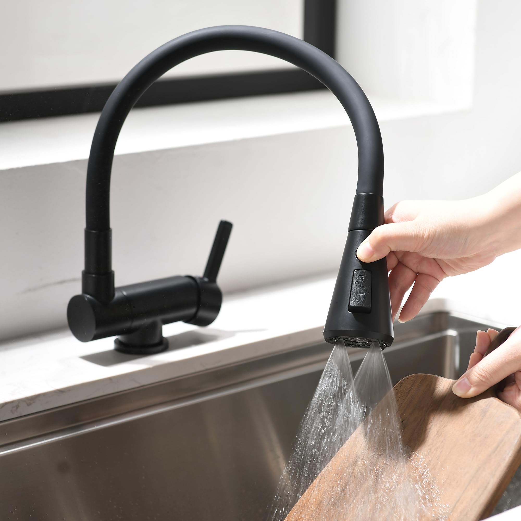 Grifo Cocina Abatible negro,Rotación Y Flexión De 360°,grifos Abatibles Cocina,3 Modos De Pulverización De Agua,Grifo De Fregadero Plegable,Grifo Monomando Bajo Ventana De Material De Latón