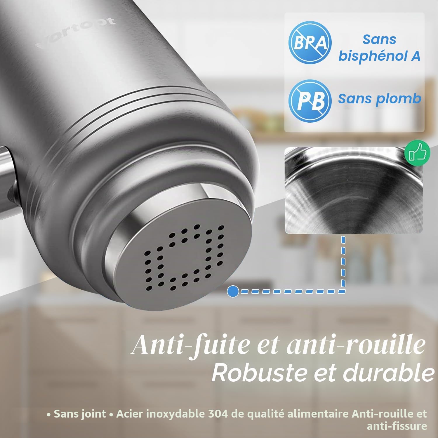 Vortopt Filtre eau Robinet en Acier Inoxydable, Système de Filtration d'eau à Bloc de Carbone, Filtre à eau du Robinet, Réduit Chlore, Mauvais Goût et Odeur, T2 (1 Filtre Inclus)