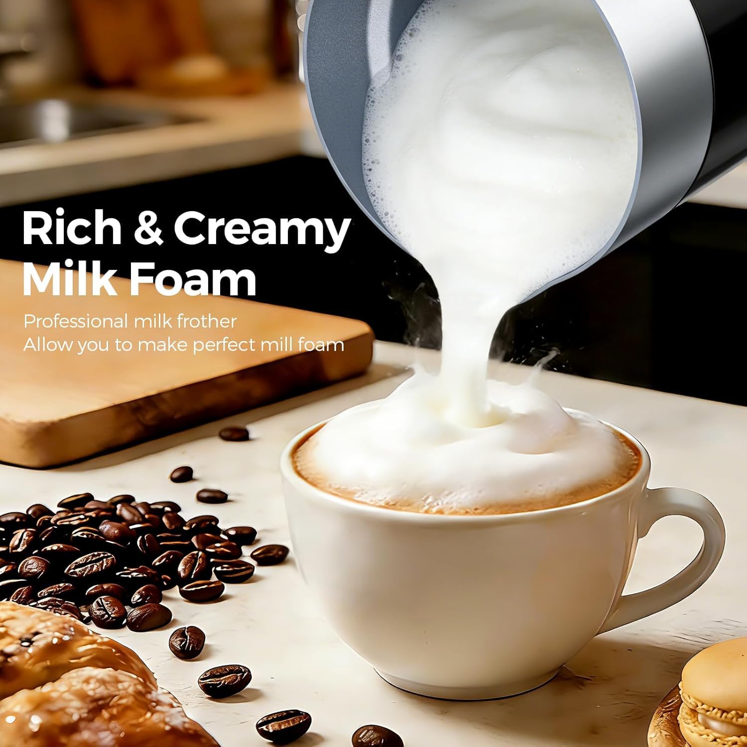Espumador de Leche Automático Caliente Frío, 400W Magnético, Vaso 600ML Acero Inoxidable 304, 6-en-1 Multifunción, Autolimpiable para Latte Cappuccino Chocolate Caliente Yogurt