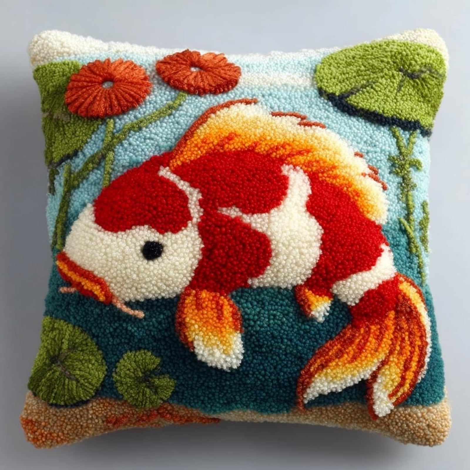 AxiangziK Latch Hook Pillow Kit,Koi Fish Easy Crochet Needlework Cushion,DIY Cushion Cover Craft Set Suitable for Sofa,Armchair & Home Interior Decor