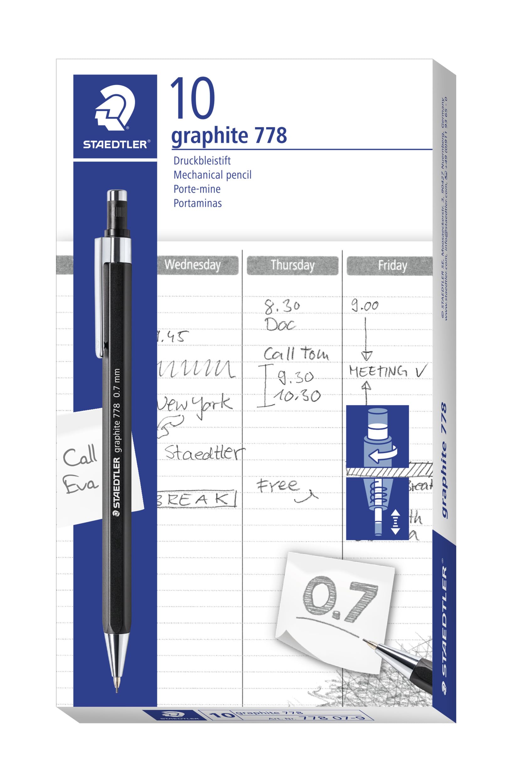 STAEDTLER graphite 778 07-9 - Portamine a pressione sottile a forma esagonale, larghezza linea 0,7 mm, punta e clip in metallo, 10 matite portamine in scatola di cartone pieghevole