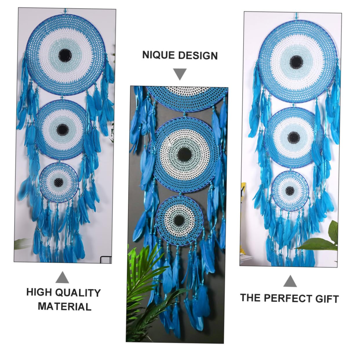 Hängender Traumfänger 40cm Blau mit Federn als Wanddekoration