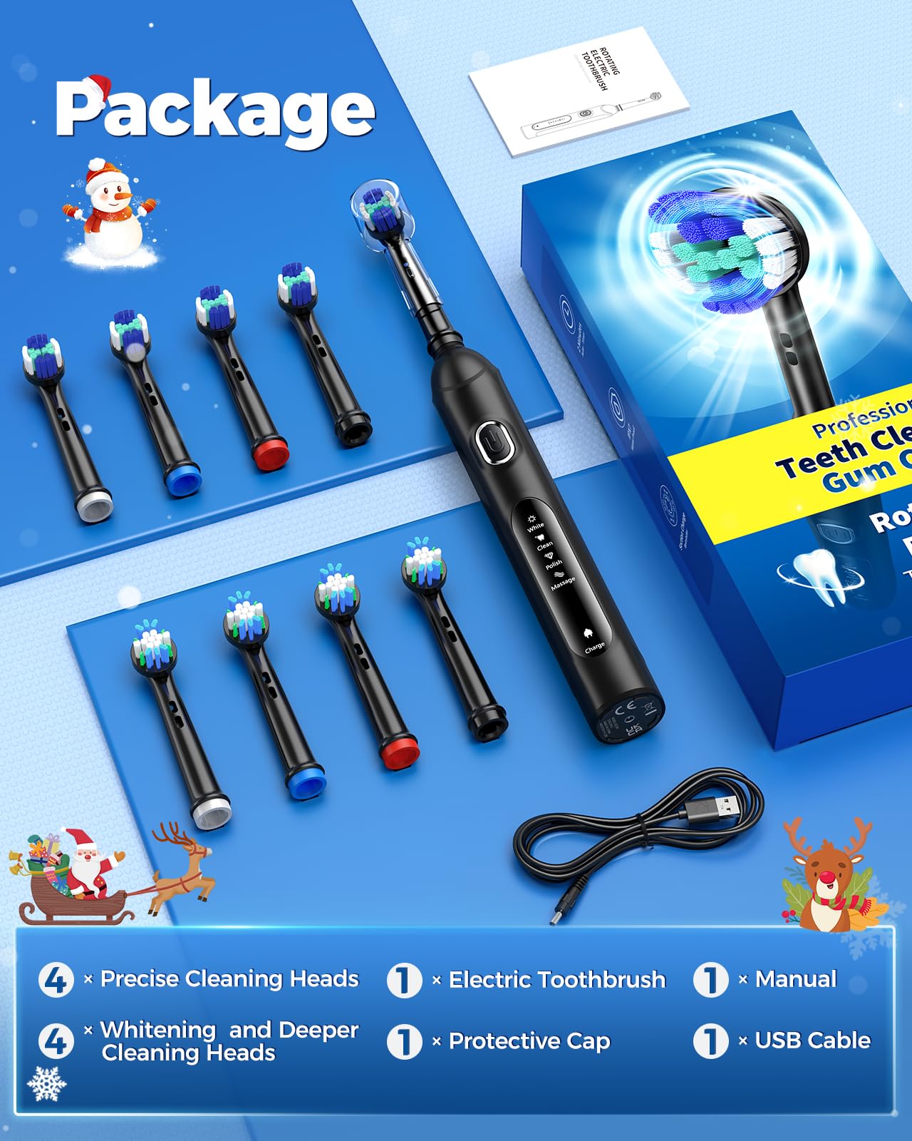 Cepillo de Dientes Eléctrico Giratorio para Adultos con 8 Cabezales (2 Tipos) Recargable y 2 Min Smart Time, 4 Modos Limpieza Profunda Cepillo de Dientes Eléctrico (1-ferroso)
