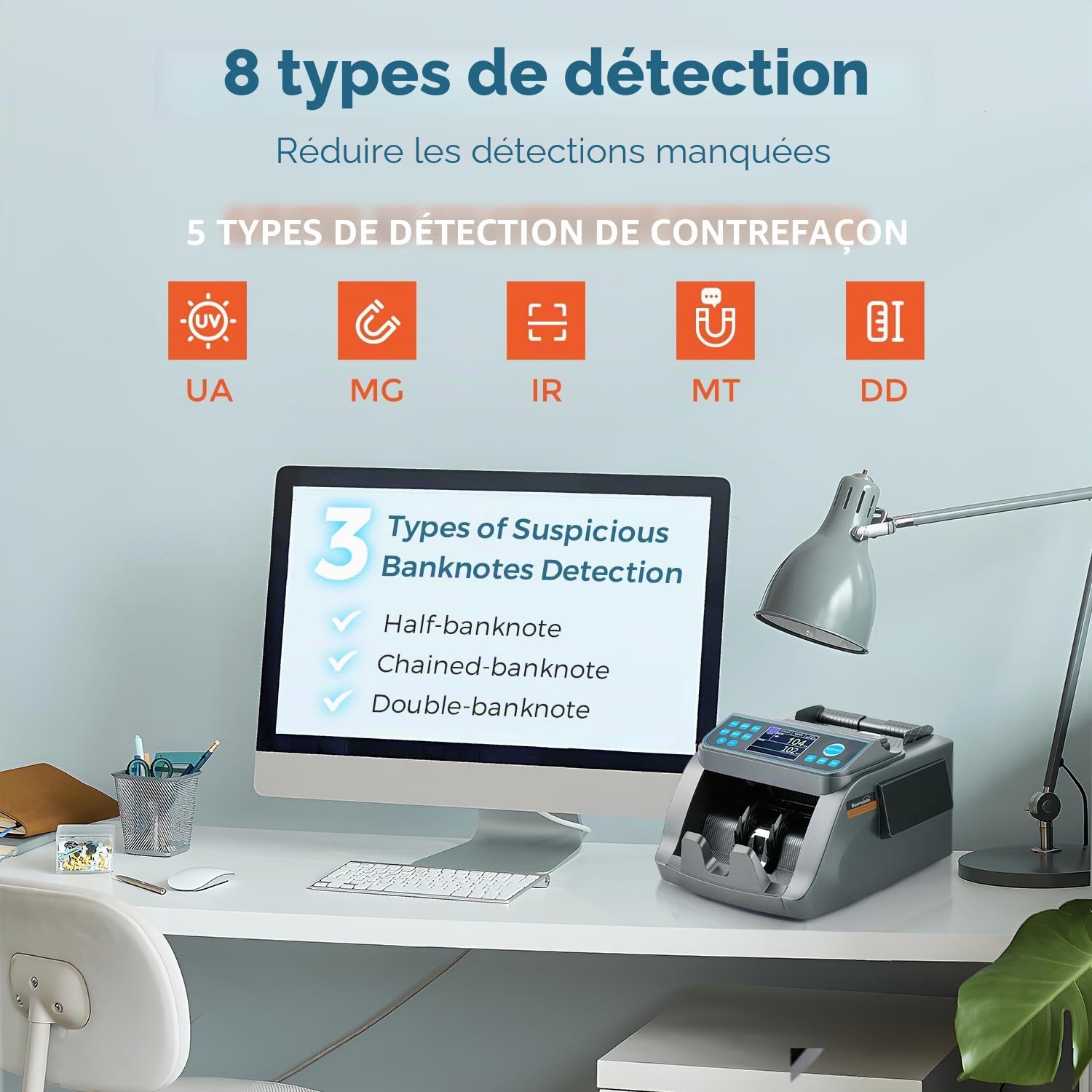Bonvoisin Compteuse de Billets Professionnelle, Comptage de Valeurs pour Coupures Mixtes en EUR, Machine à Compter les Billets avec Détection des Contrefaçons UV/MG/IR/MT/DD, 1000 Billets/Min (EU)