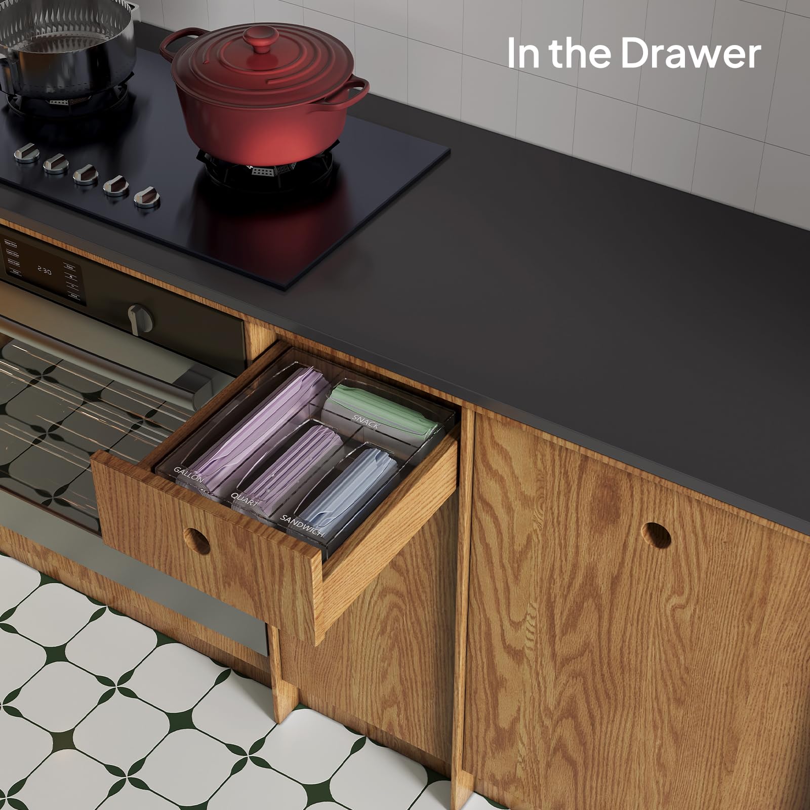 Aquiver Organizer per sacchetti in acrilico, organizer per cassetti e sacchetti in plastica per alimenti, compatibile con galloni, quarti, sandwich, snack, congelatore, sacchetti scorrevoli