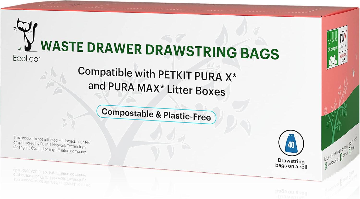 PET-KIT PURA X/MAX Compatible Refills, Compostable, Eco-Freindly, Plastic-free Waste Bin Drawstring Liner Bags, 40 Count