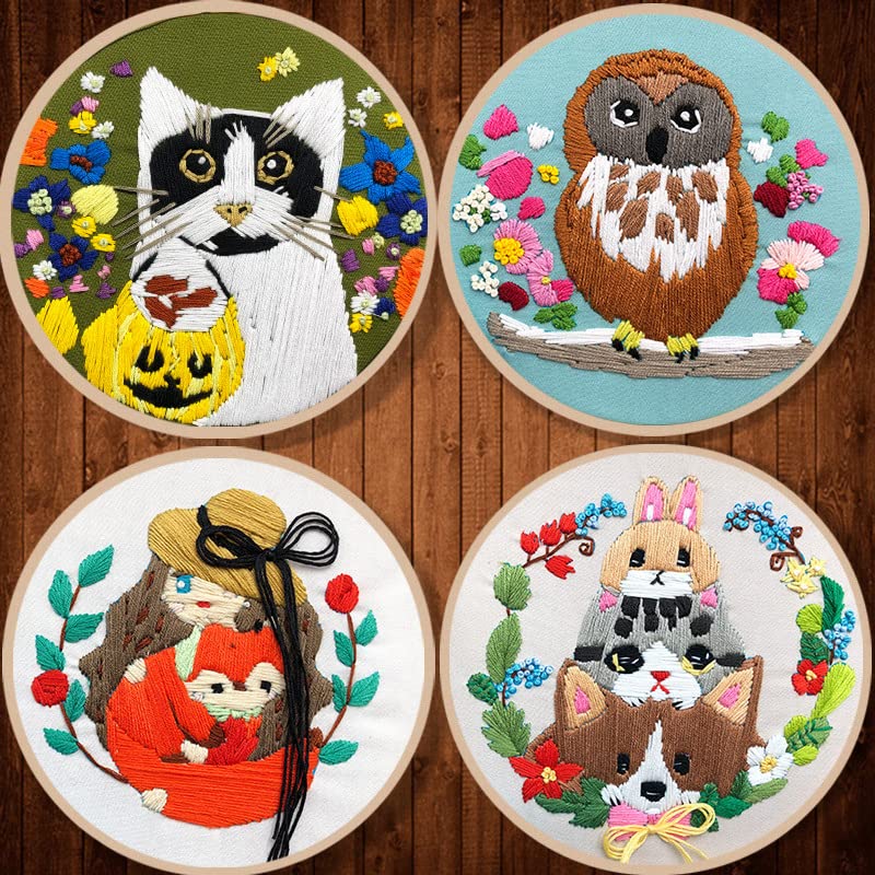 Meecaa Kit de bordado de búho, gato, animal, niña, , juego de bordado a mano, juego de punto de cruz impreso para adultos principiantes, con aro de bordado e instrucciones (animal 12)