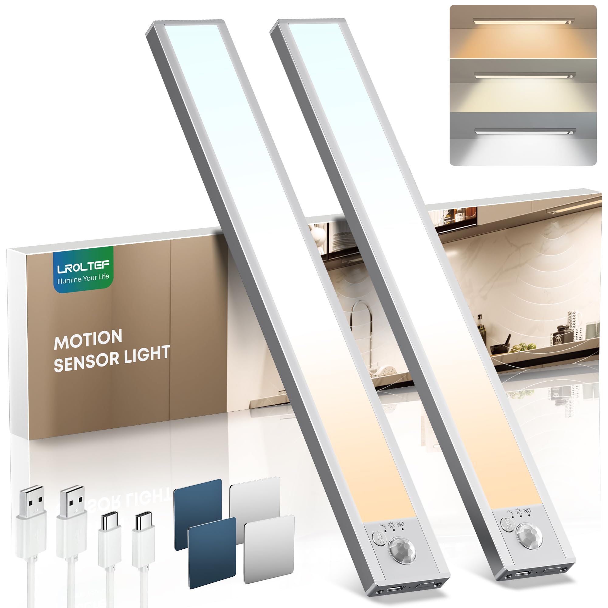 LROLTEF Schrankbeleuchtung Led Lampe mit Bewegungsmelder - 30cm 2200mAh 6500K 4000K 3000K 3 Farbtemperaturen Dimmbar Unterbauleuchte Küche Licht Treppenlicht Aufladbar Magnetische mit Sensor | 2 Stück