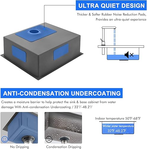 Miniatura 5 de MENATT Fregadero de cocina de montaje inferior de 25 pulgadas, fregadero de cocina de acero inoxidable 304 hecho a mano de 25 x 22 pulgadas,