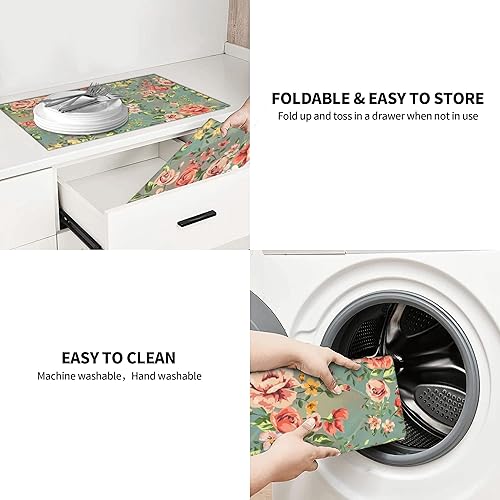 Miniatura 5 de Tapete de secado de platos para encimera de cocina, tapete floral vintage de microfibra, tapete escurridor de platos para encimera, cafetería, barra