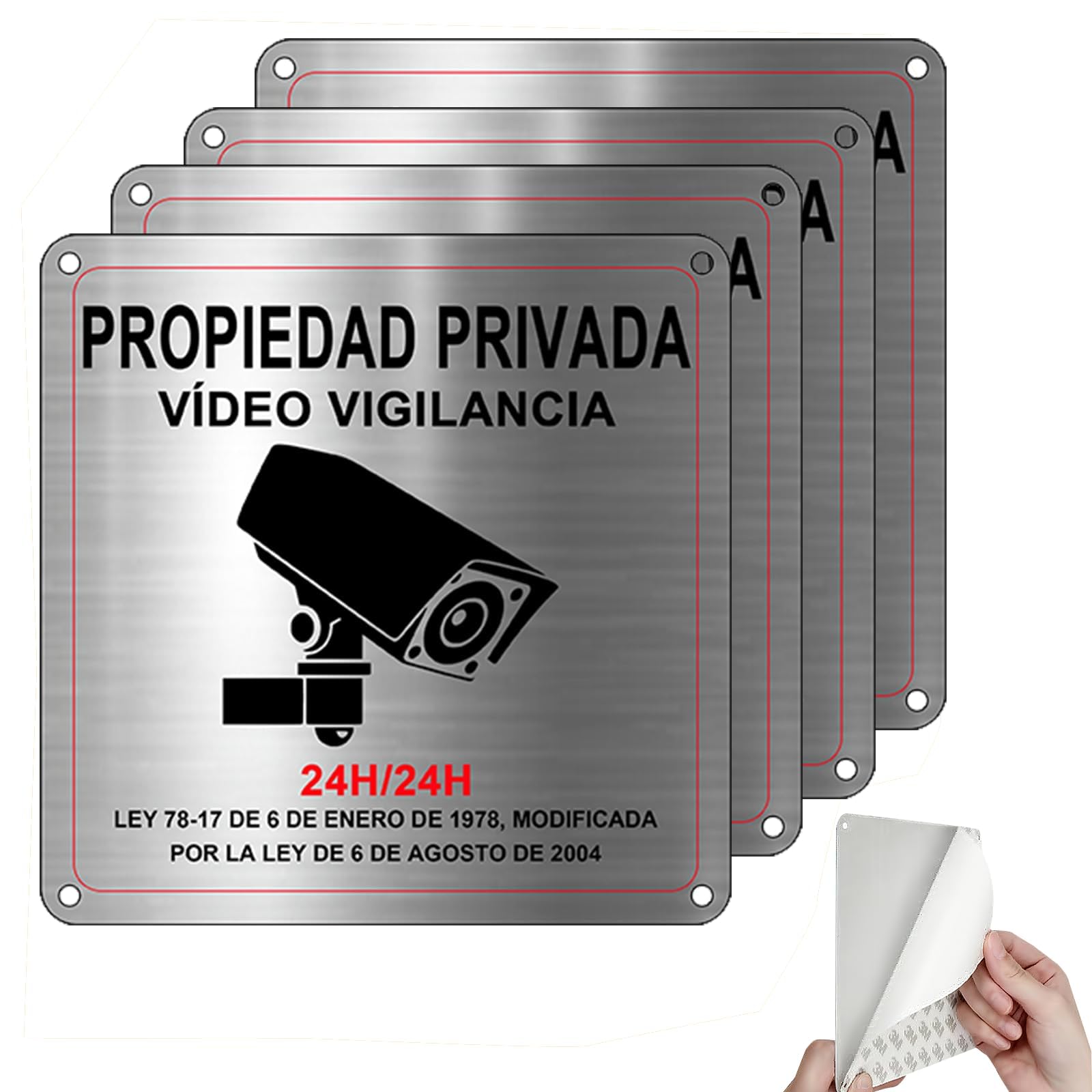 4 Piezas Cartel Videovigilancia de Aluminio 15x 15cm, Cartel Zona Videovigilada, Panel Cámara Monitoreo, Camara Vigilancia con Pegatina y Agujeros Preperforados para Interior/Exterior