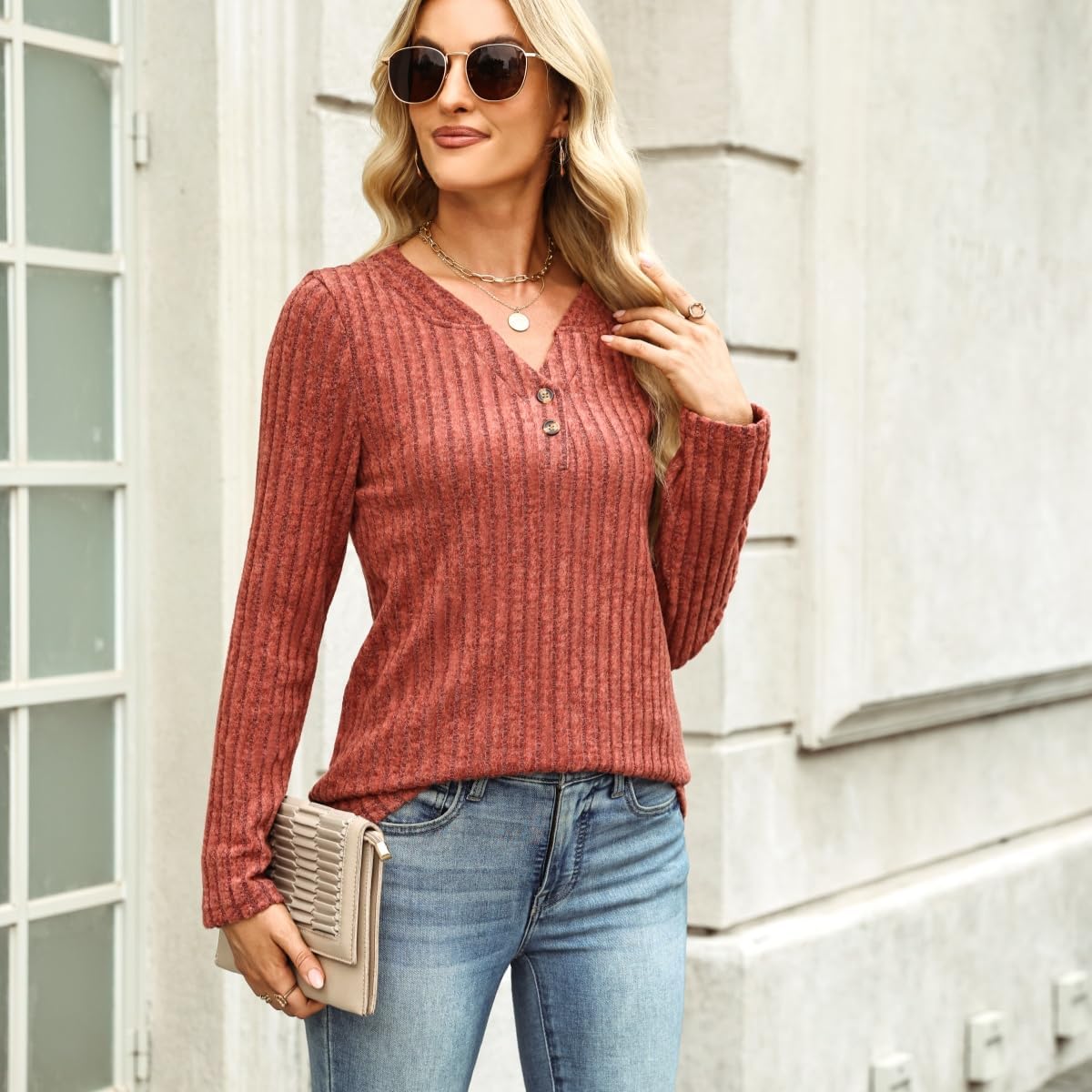 V-Neck Long-Sleeved Women's Casual Autumn Top, Lightweight Loose Fit, Fashion T-Shirt, Sweater, Shirt, 2025 - Image 6