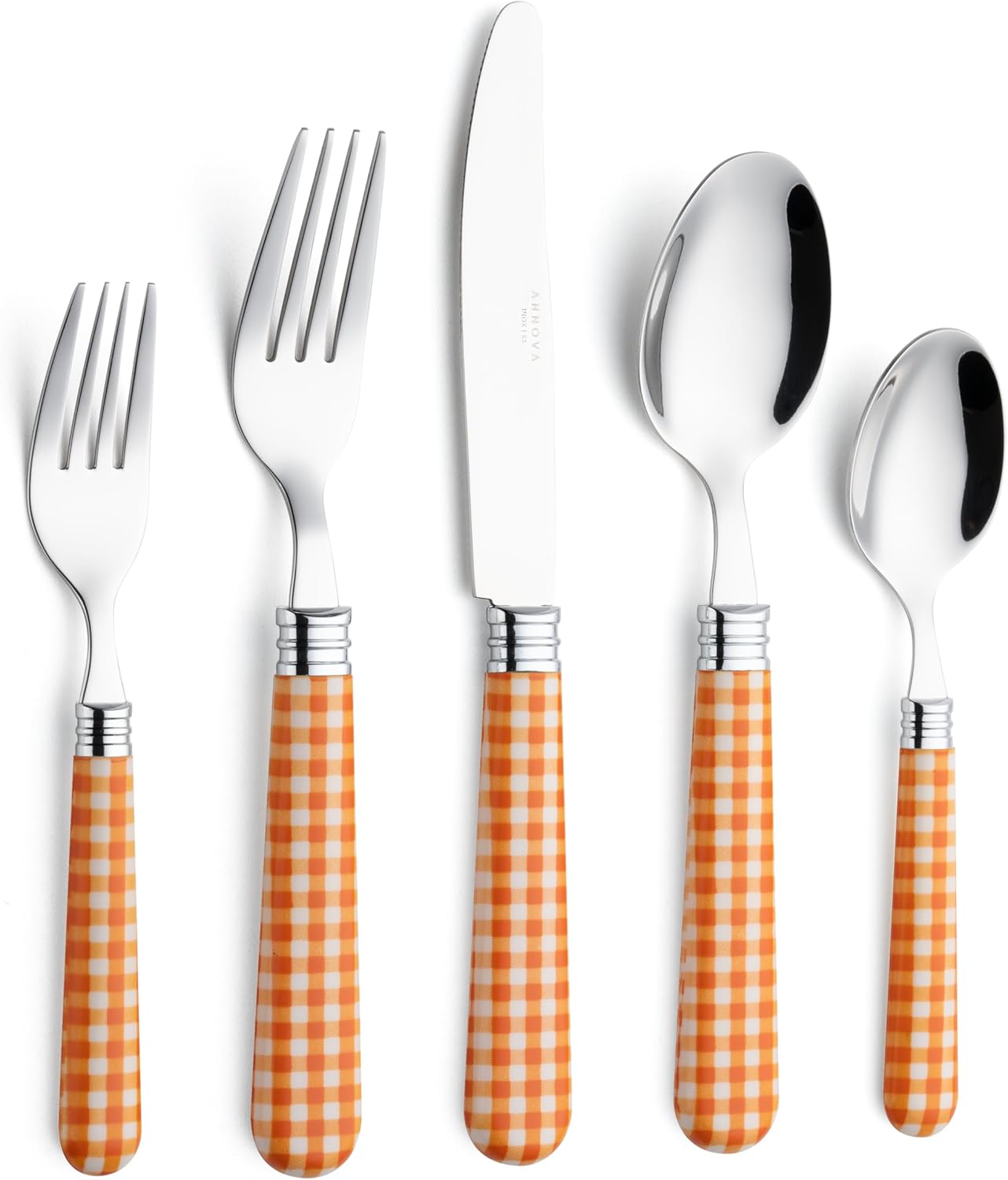 ANNOVA Silverware Set 20 Pieces Cutlery Stainless Steel Colorful Fun Handle Flatware Service for 4 - Dinner Knife, Dinner Fork, Salad fork, Dinner Spoon, Dessert Spoon (Checker Orange, 20 Pieces)