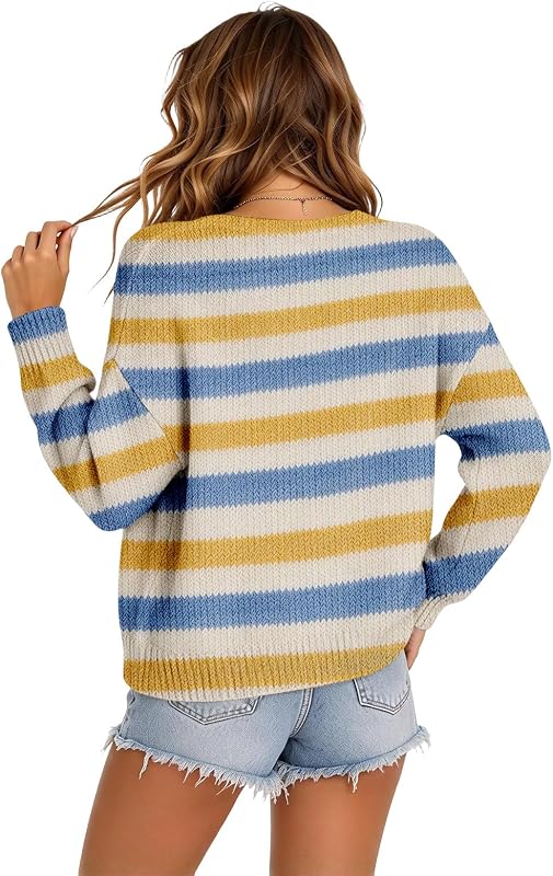 Elneeya Cardigan Sweaters Y2K V003-camel – Striped Knit Design：This women’s striped cardigan features
