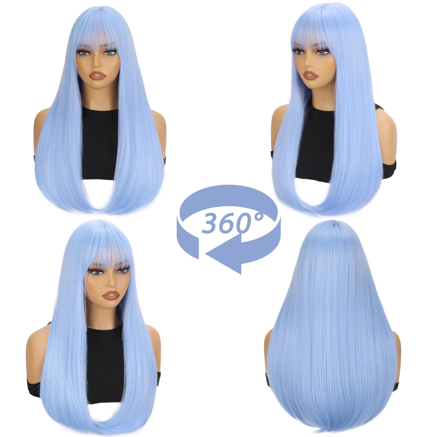 SUKRI Light Blue Wigs with Bangs Long Straight Blue Wigs for Women Heat Resistant Synthetic Wigs for Girls Cosplay Party Halloween Daily Use 22 Inch - Image 4