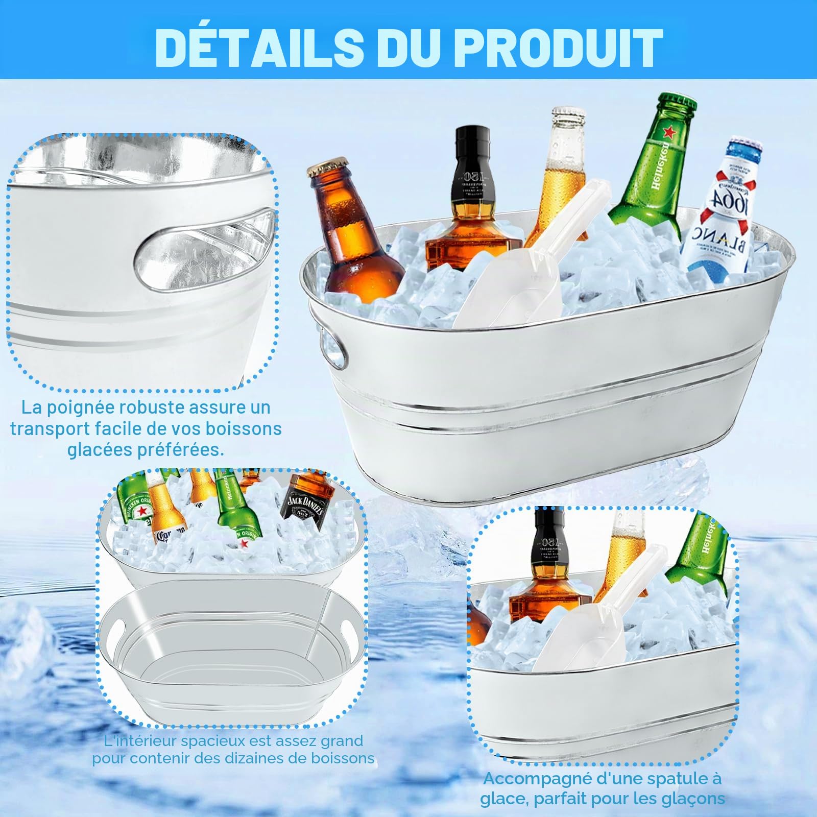 Lot de 4 grands seaux galvanisés en métal cuillères pour champagne et cocktails refroidissement de boissons pour fournitures de bar