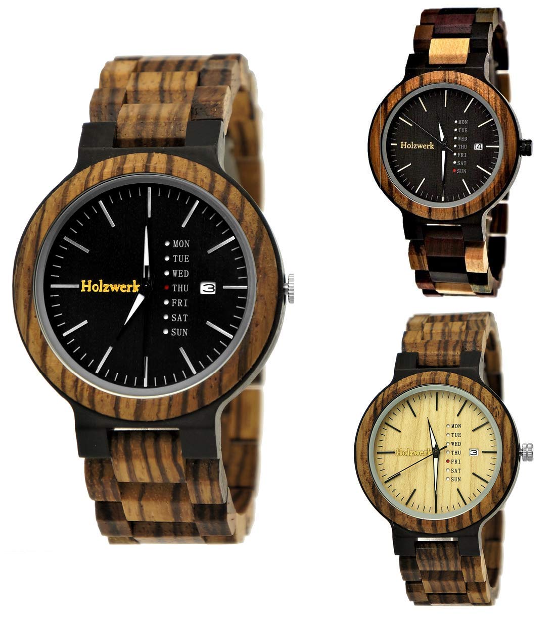 Holzwerk Germany Handgefertigte Matrix Herren Uhr Öko Natur Holzuhr Holz Armband Braun Schwarz Zebra Muster Analog Uhr Datum und Wochentag Anzeige Herrenuhr