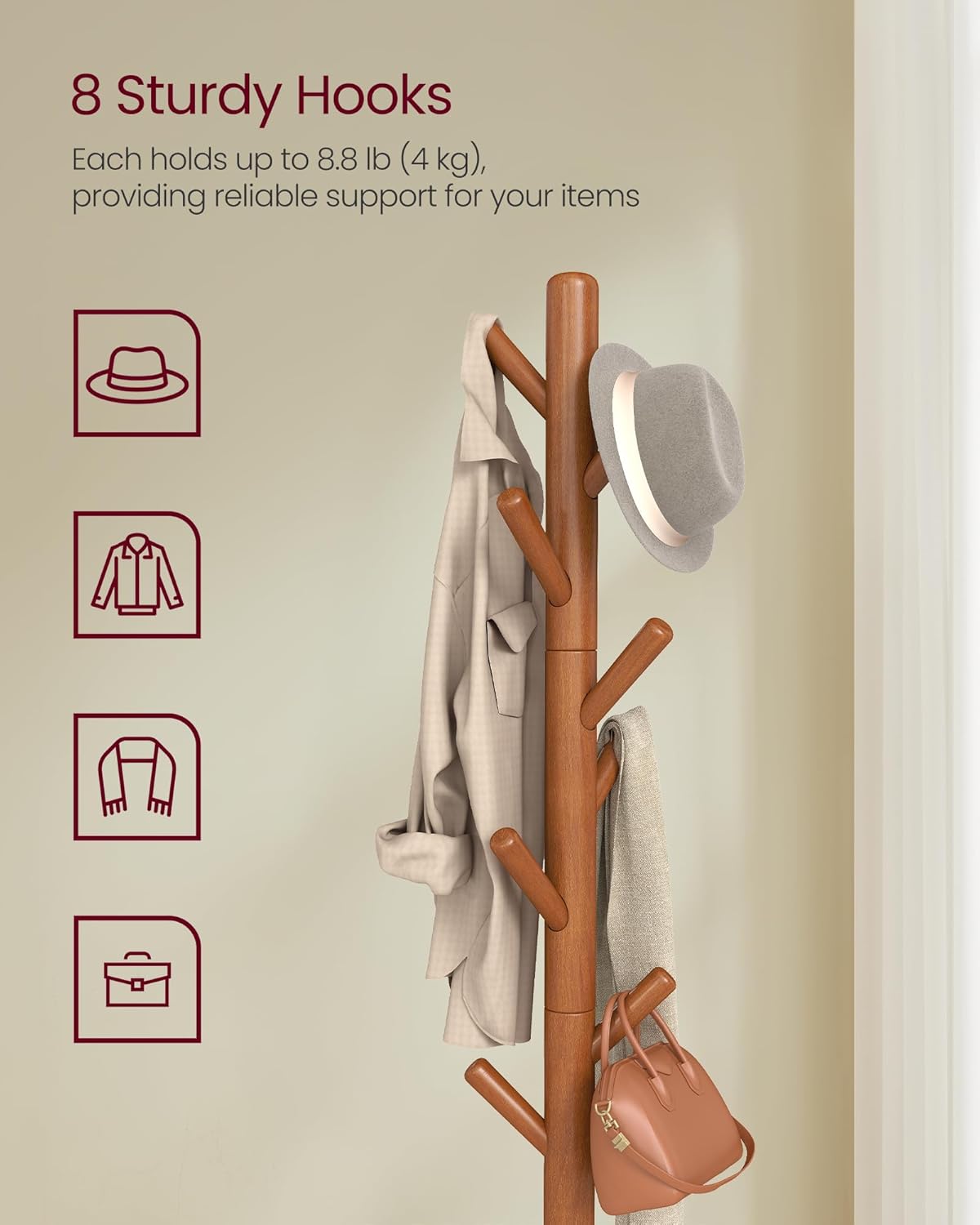 VASAGLE Coat Rack, Free Standing Coat Stand, Hall Coat Tree with 8 Hooks and Storage Shelf, 69.2 Inch Tall, for Coats, Hats, Bags, for Entryway, Hallway, Bedroom, Caramel Brown URCR033K01