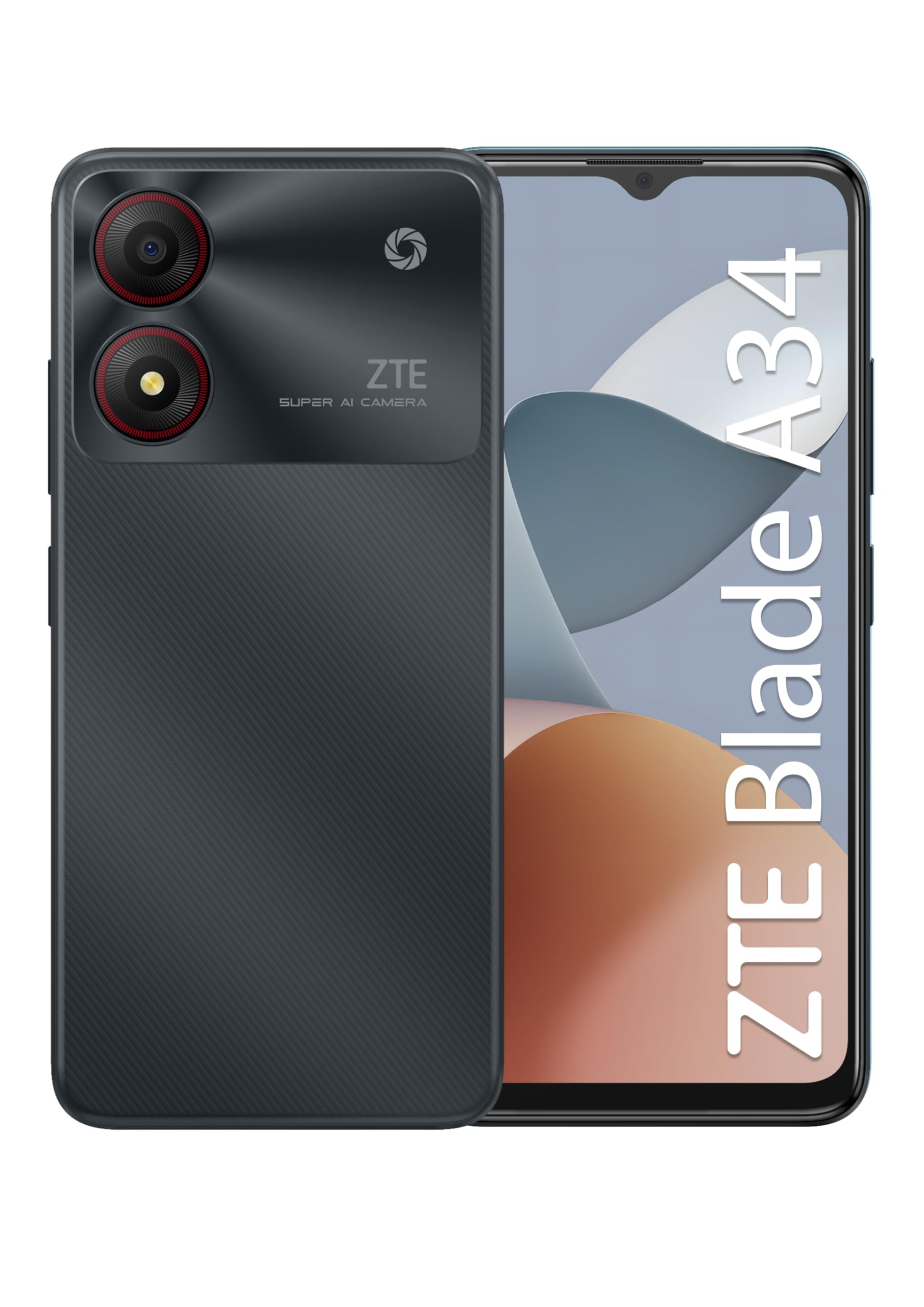 ZTE Blade A34 Grey - Smartphone 6.6" HD+, Fotocamera 8MP, Batteria 5000mAh, 2 GB RAM e 64GB ROM, Octa-Core, Android 13, Riconoscimento Facciale, Display Waterdrop, Memory Fusion