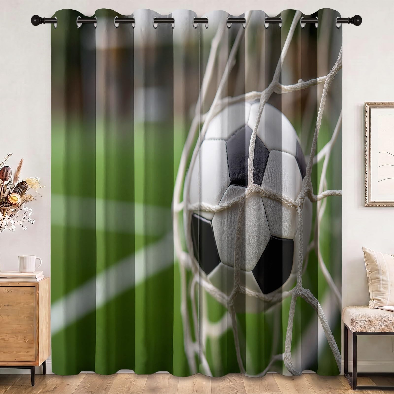 Verdunkelungsvorhänge Fußball Grün Spielfeld Netz H260 x B140 cm (2er Pack), Wohnzimmer Blickdichte Vorhänge Grün Gardinen mit Ösen, Geometrisch Sport Schlafzimmer Verdunkelung Fenster