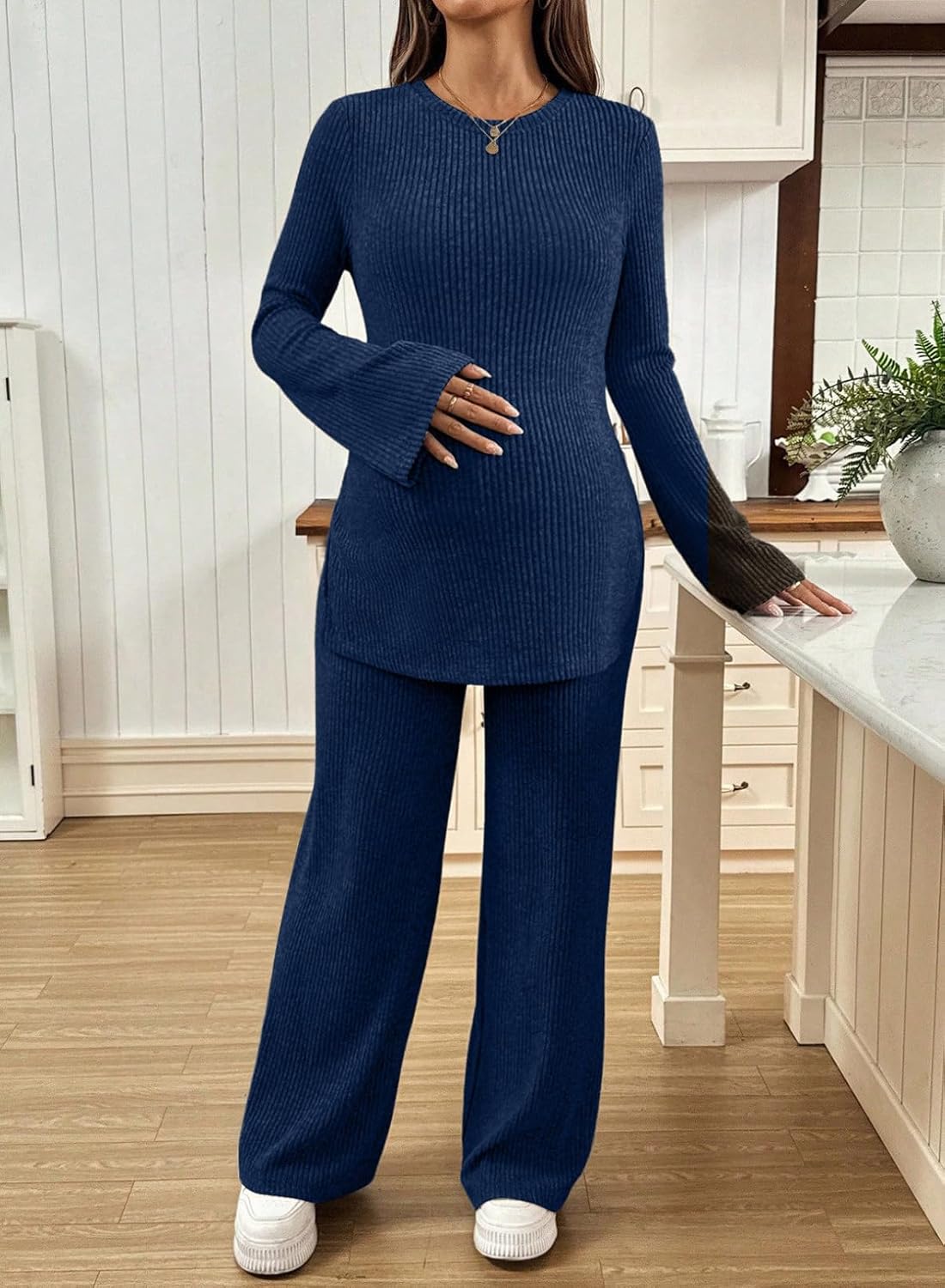 BLENCOT Maternity 2 Piece Outfits Ribbed Knit Long Sleeve Sets | Casual Comfy Lounge Pajamas, Side Slit Matching Set Pregnancy Clothes with Pockets, Sleepwear Nursing Postpartum