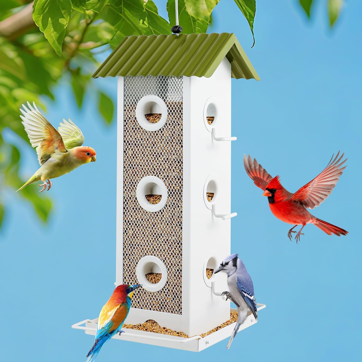 All Metal Bird Feeder for Outdoors Hanging | 14-Port Multi-Bird Viewing | Premium Finish, Waterproof & Easy-Clean | Attracts Cardinals, Finches, Chickadees & More (Crisp White & Green)