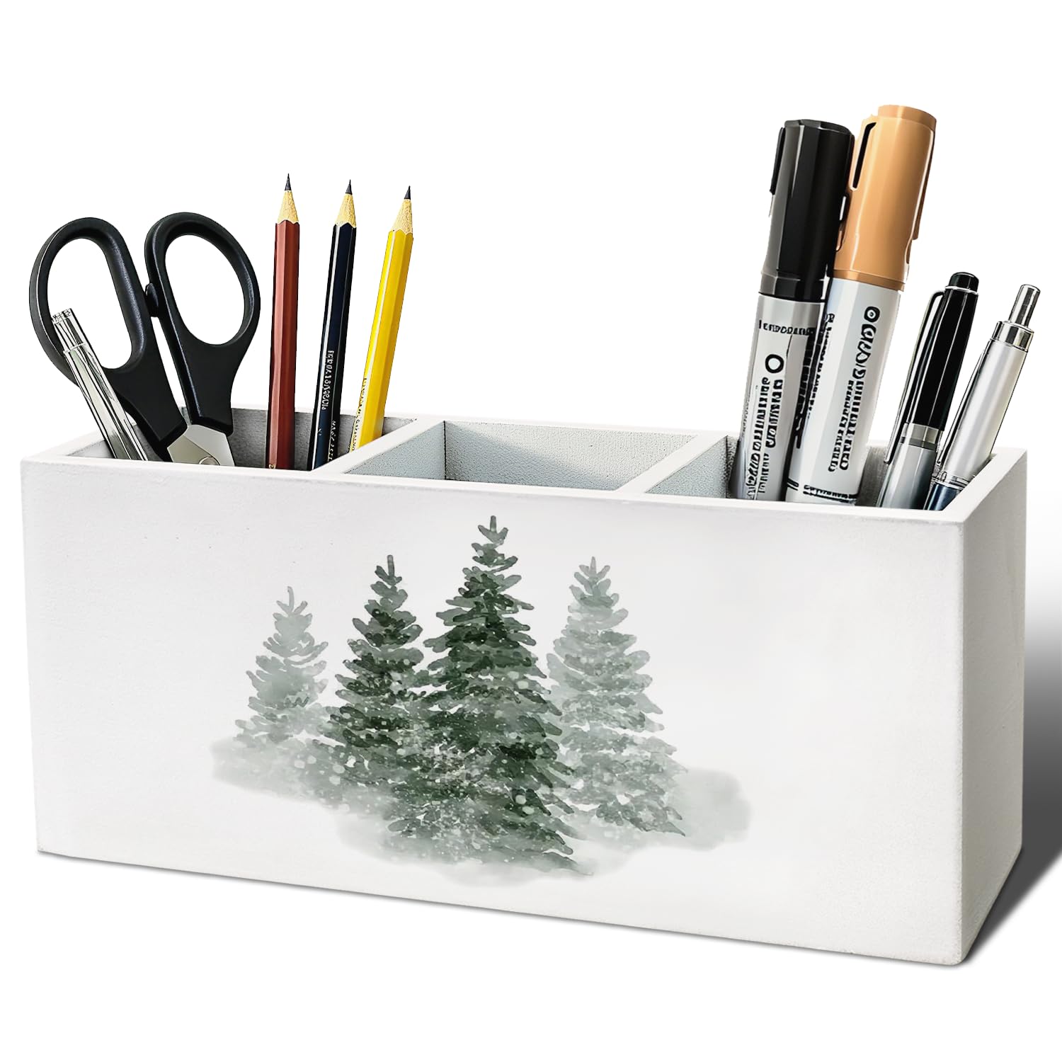 Portapenne organizer per scrivania, albero di Natale, foresta invernale, albero di pino paesaggio, decorazioni natalizie, decorazione per ufficio per casa, camera da letto, soggiorno