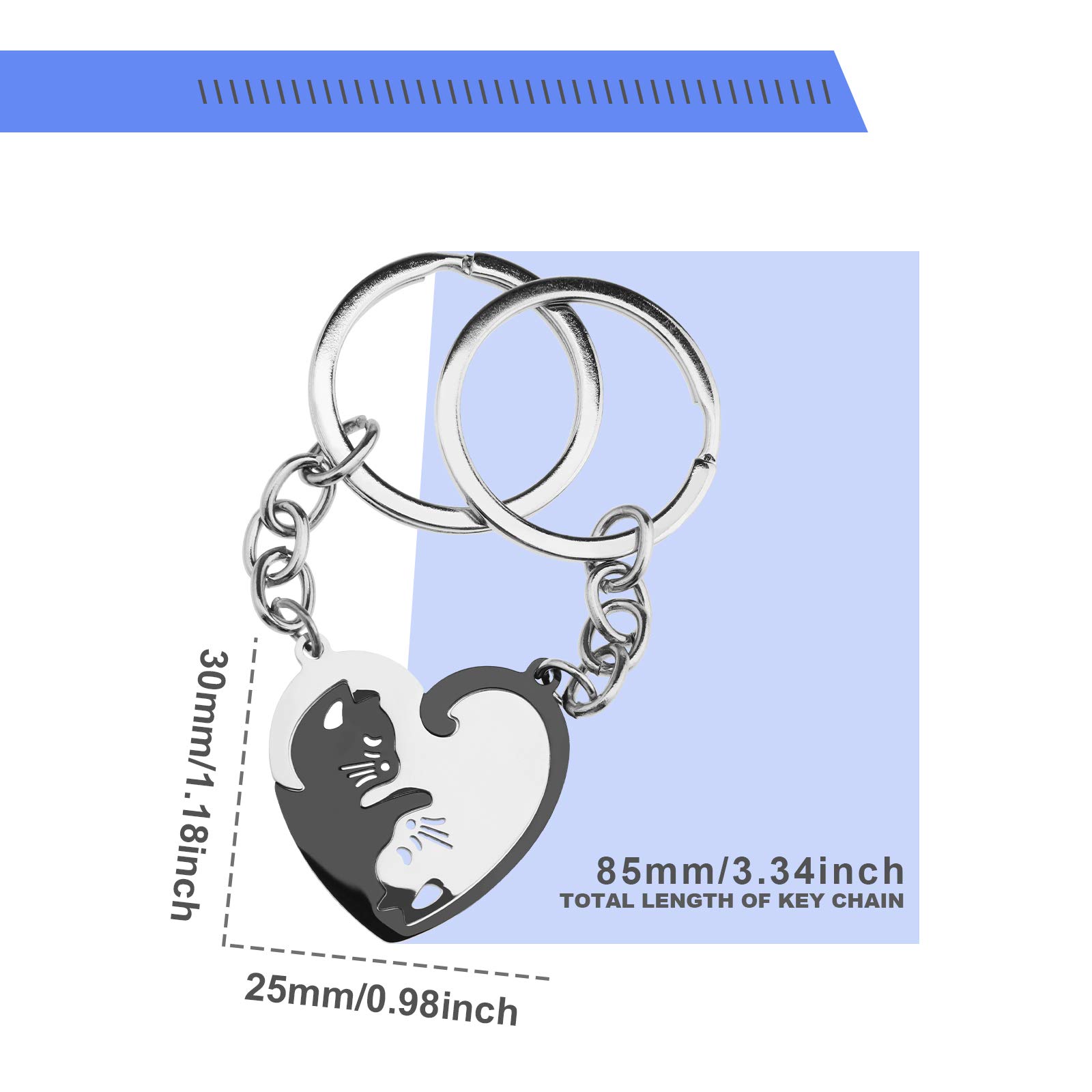 1 par de llaveros/collares de acero inoxidable pareja gatos en forma de corazón rompecabezas colgante conjunto a juego, Negro-Plata 4