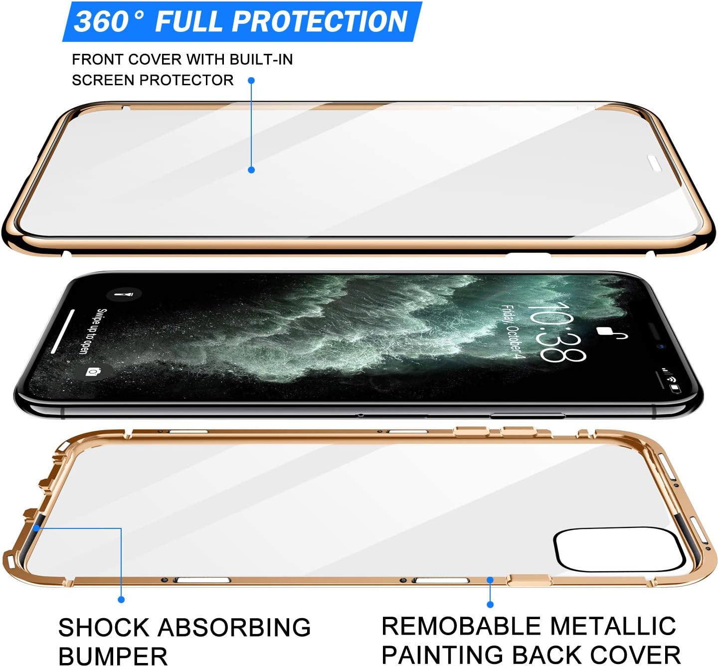 iPhone 11 Pro Case, ZHIKE Magnetic Adsorption Case Front and Back Tempered Glass Full Screen Coverage One-Piece Design Flip Cover [Support Wireless Charging] for Apple iPhone 11 Pro (Clear Golden)