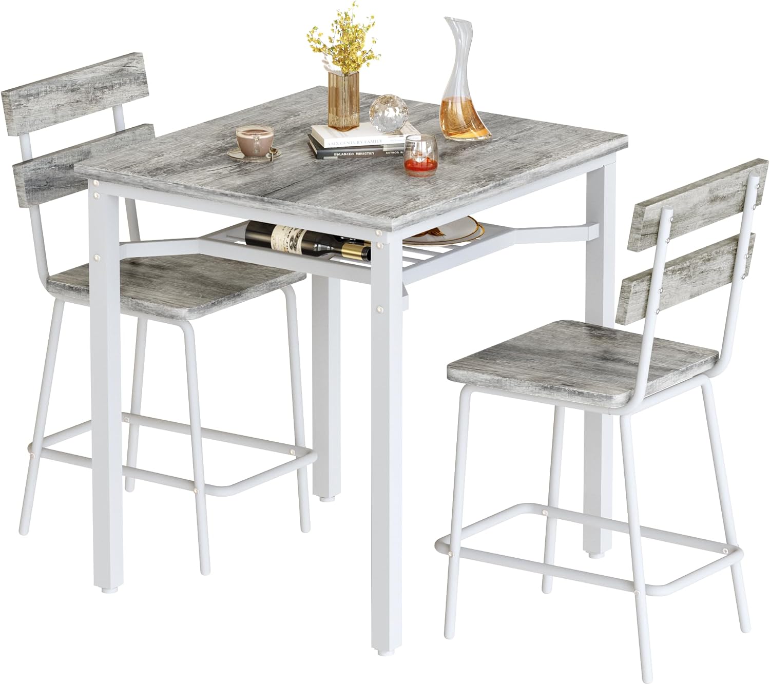 Hooseng 3 Piece Bar Table and Chairs Set, Counter Height Small Dining Table with 2 Bar Stools, Farmhouse Square Kitchen Table with Storage for Bistro, Pub, Small Space