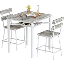 Hooseng 3 Piece Bar Table and Chairs Set, Counter Height Small Dining Table with 2 Bar Stools, Farmhouse Square Kitchen Table with Storage for Bistro, Pub, Small Space