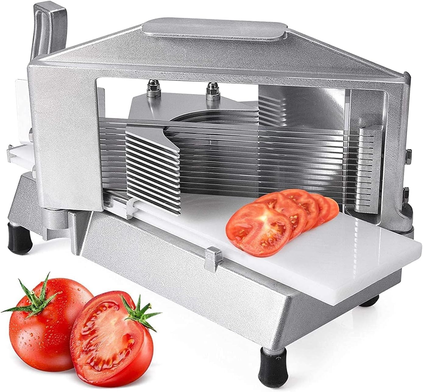 Cortador de tomates manual de acero inoxidable con base sólida de madera