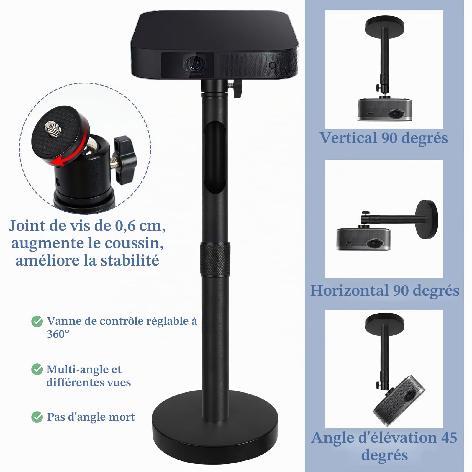 Support de Plafond Videoprojecteur, Support Vidéoprojecteur, Hauteur Réglable, Support de Projecteur Plafond, Rotation à 90° 360°, Support de Plafond Universel pour Vidéo-Projecteur Vis 1/4 de Pouce