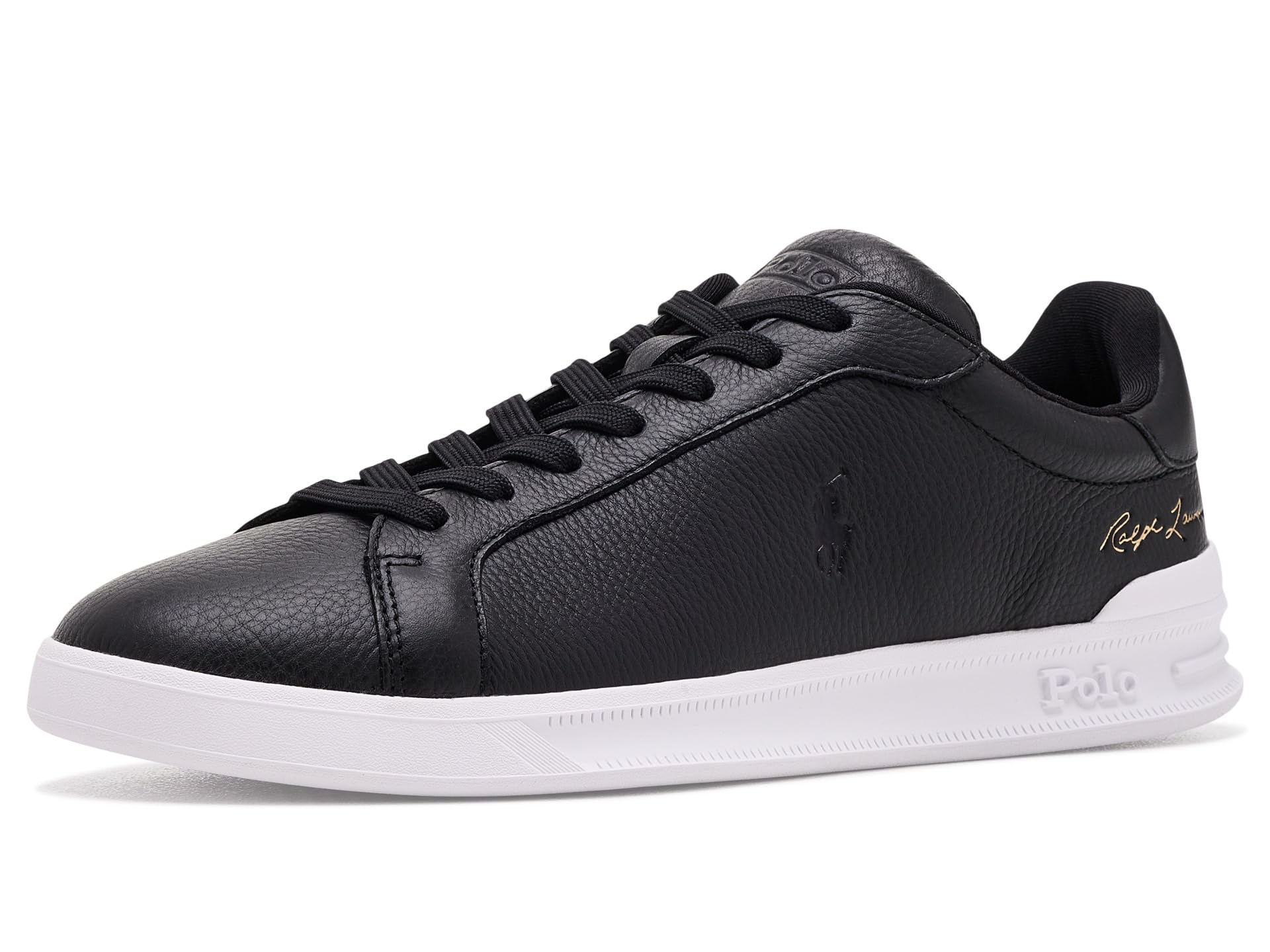 POLO RALPH LAUREN, Mens, Heritage Court II Leather Sneakers, Black, 11.5, Medium
