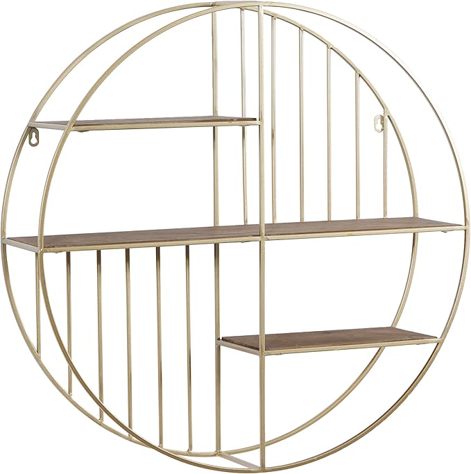 Deco 79 Metal Geometric Wall Shelf Circle with 3 Wood Shelves and Linear Rods, 28
