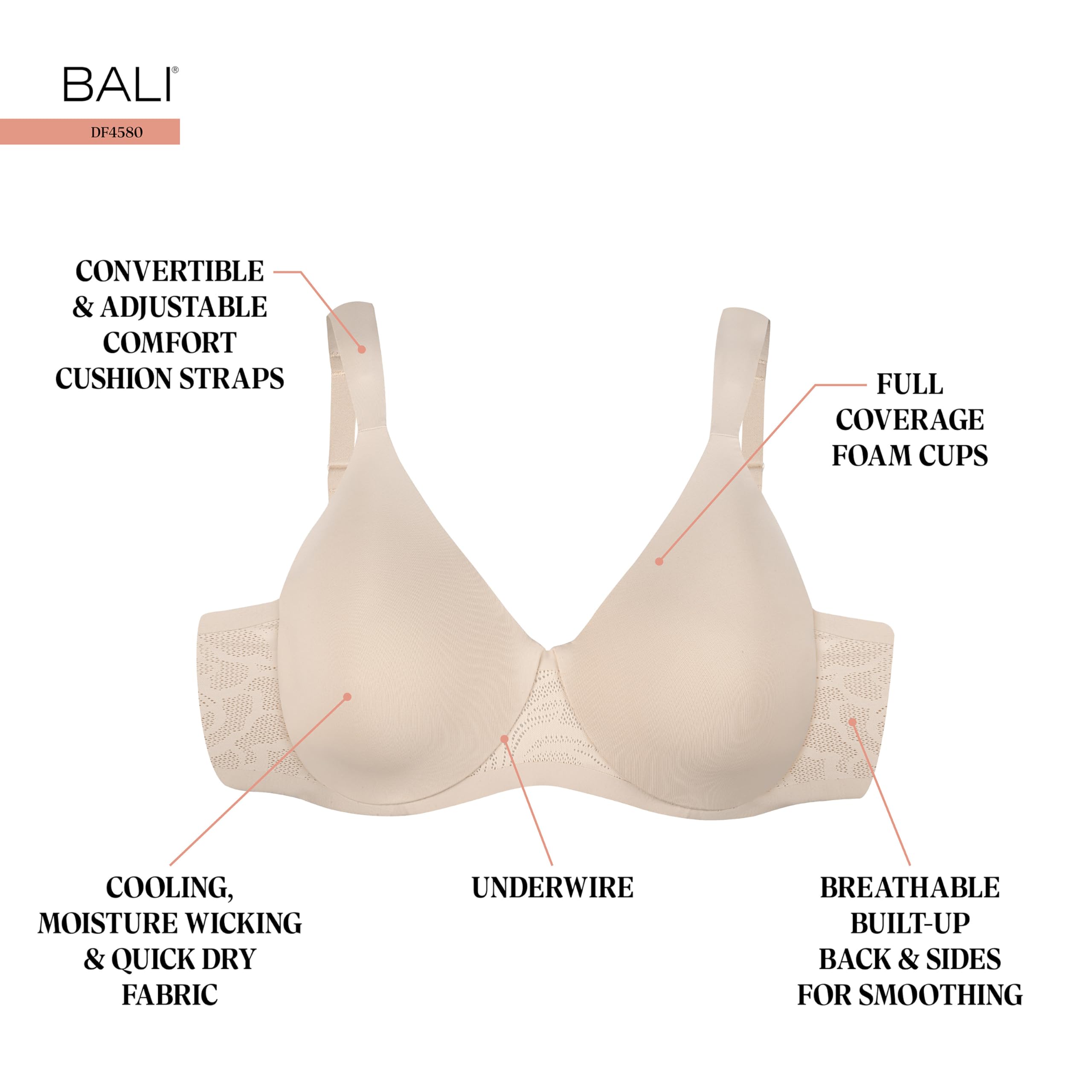 Bali T-Shirt, Our Coolest Smoothing Underwire, Convertible Bra Sujetador, 1.0 in para Mujer