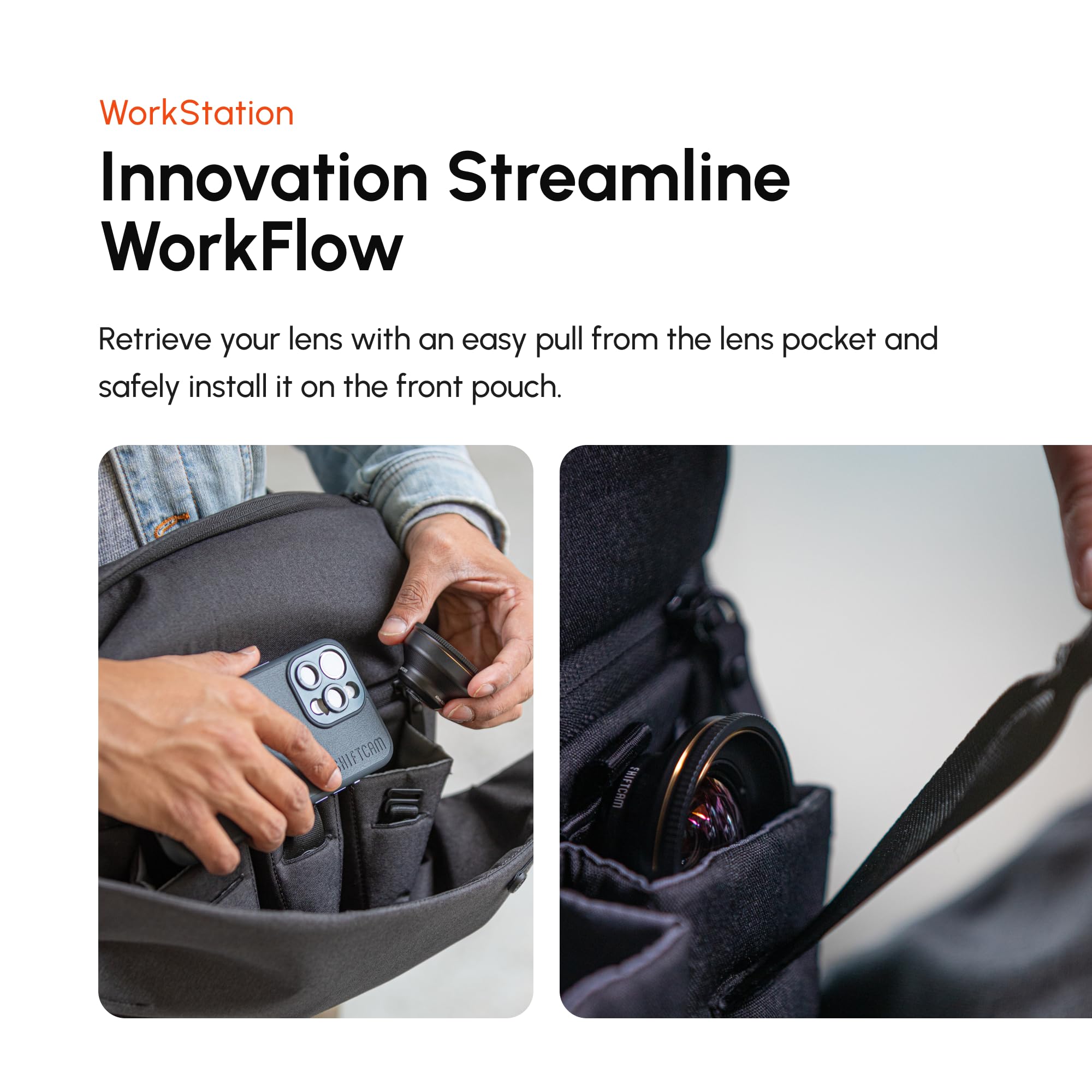 ShiftCam WorkFlow Sling Bag | Hochfunktionelle Tasche für die mobile Fotografie mit magnetischem Handyhalter, Objektivfach und Schnellzugriff | Optimiert den Workflow (Sling L, 7L)
